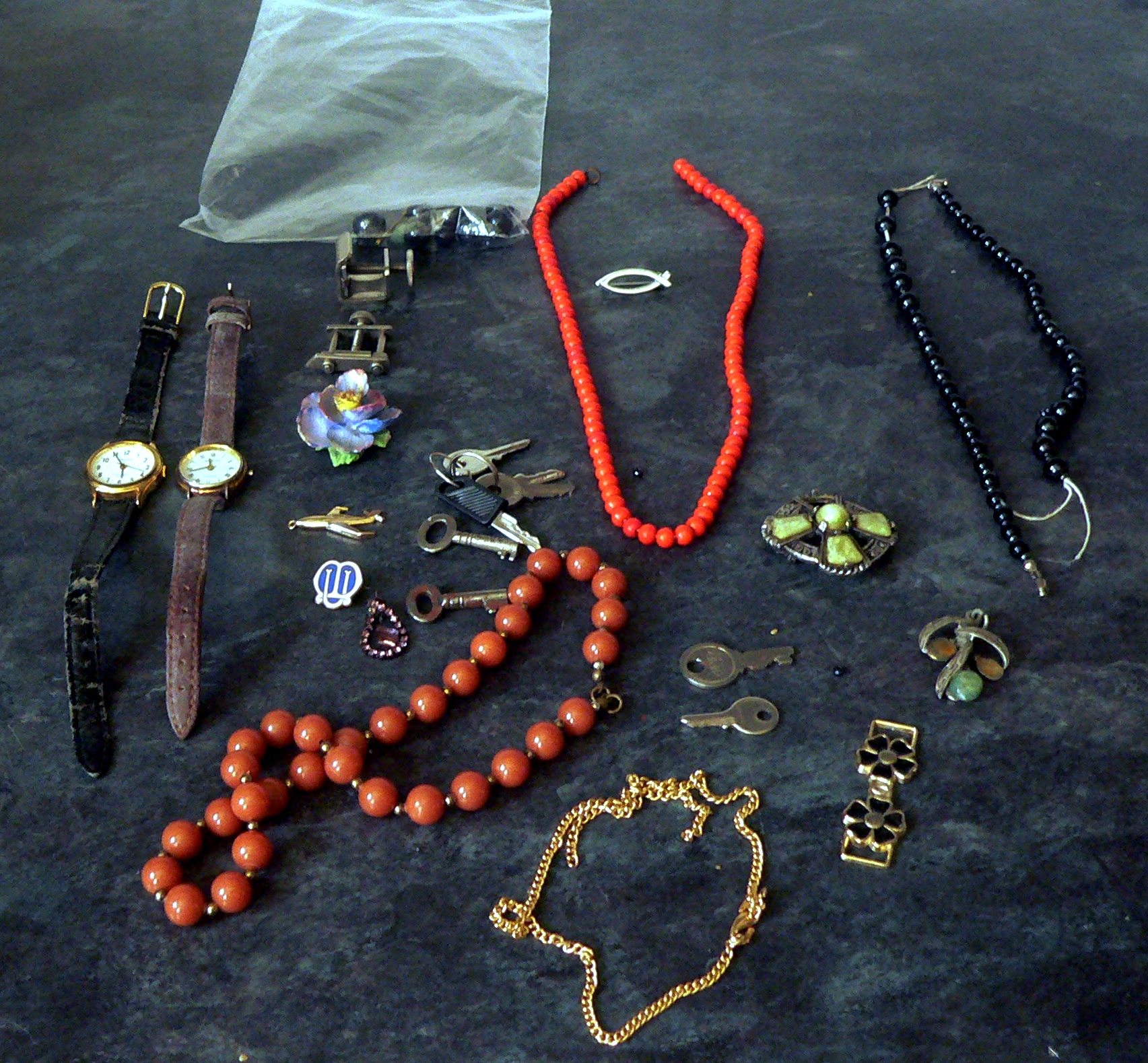 Costume jewellery, ladies Sekonda watch and one other, vintage clock/cabinet keys