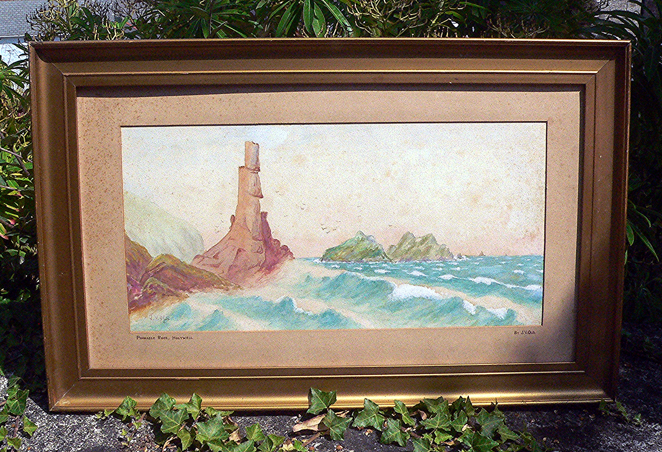 NO Post - Large, J.V. Old signed, antique watercolour.