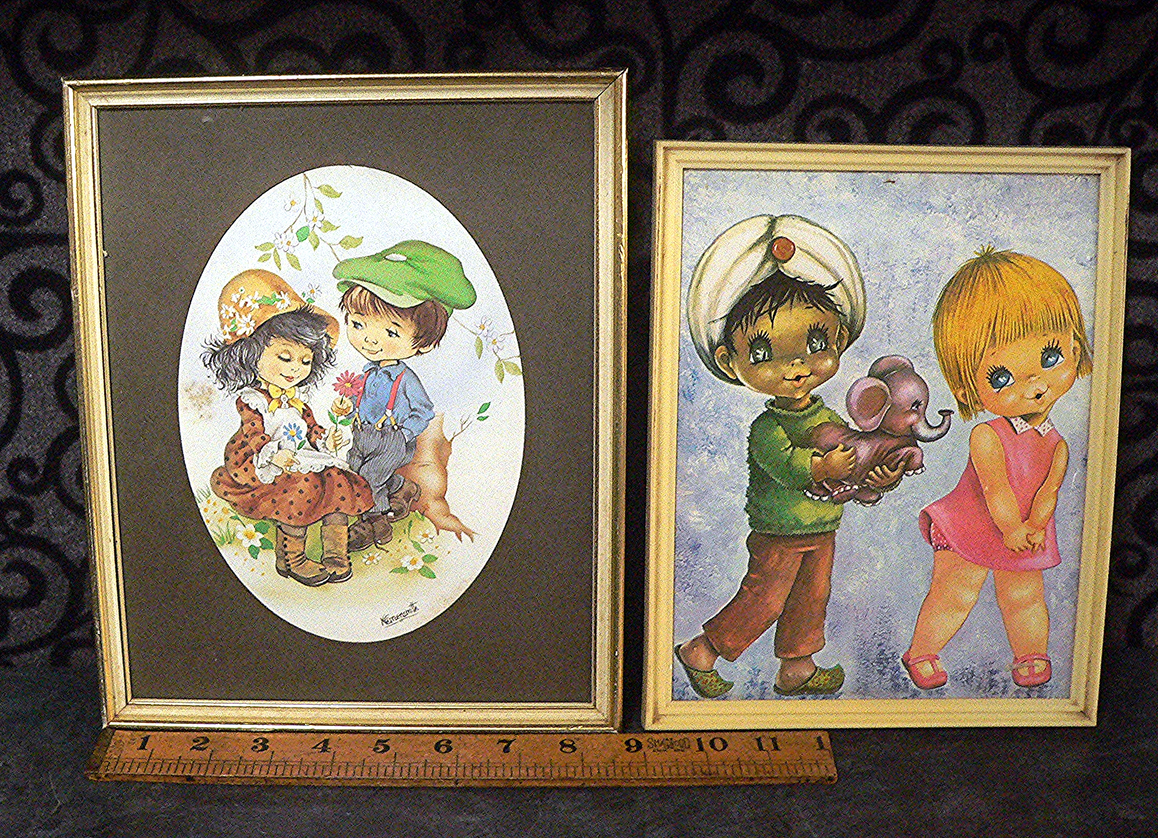 Pair of mid century nursery wall art pictures in original frames