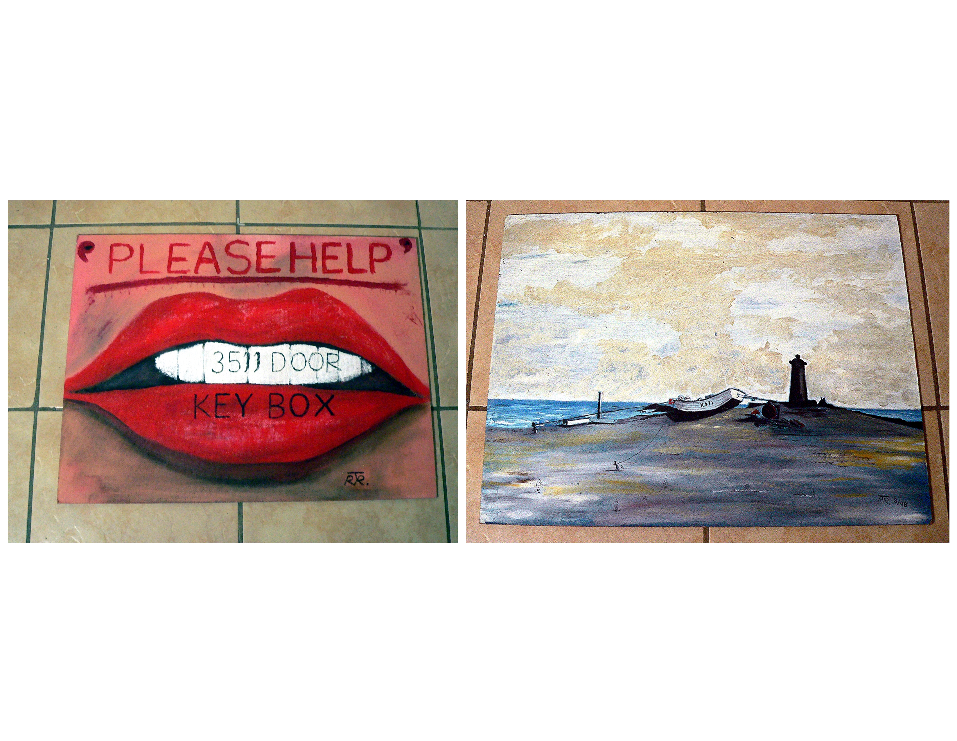 Large, double sided, Richard Tindale (d) acrylic on board. "Please Help" and a moored boat/beach scene