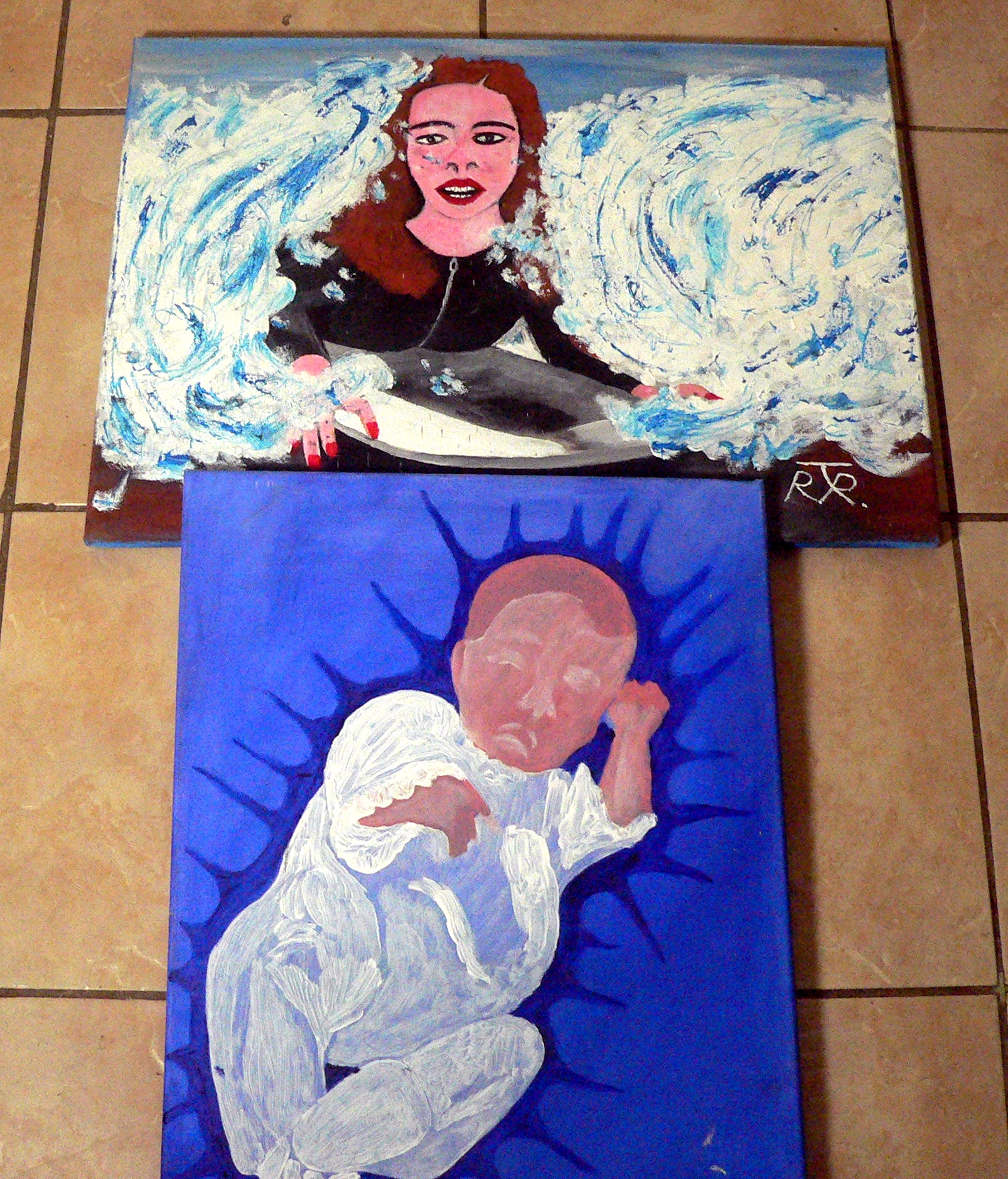 Pair of Richard Tindale paintings on stretched canvas with wooden frames. NO Post on this lot.