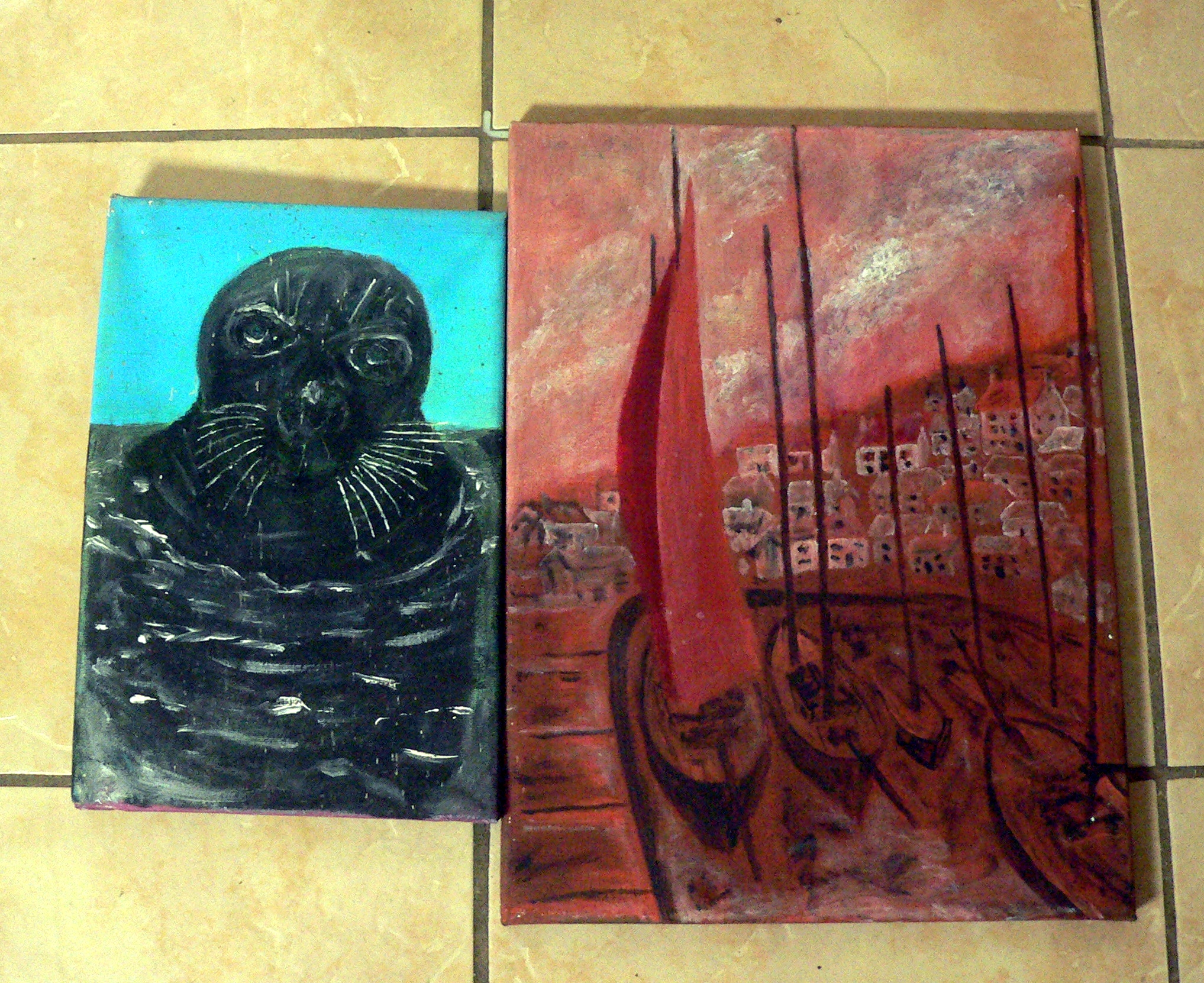Pair of Richard Tindale (d) paintings on stretched canvas with wood frame