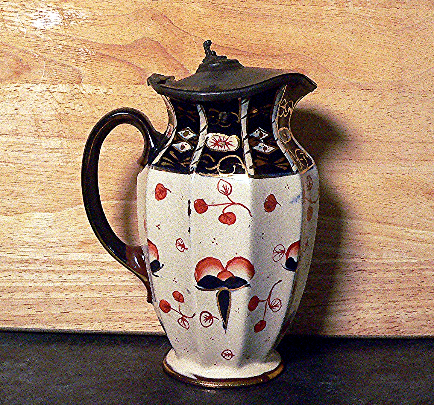 Tall Antique 1920s Gaudy Welsh Imari Style Hot Water / Coffee Pot