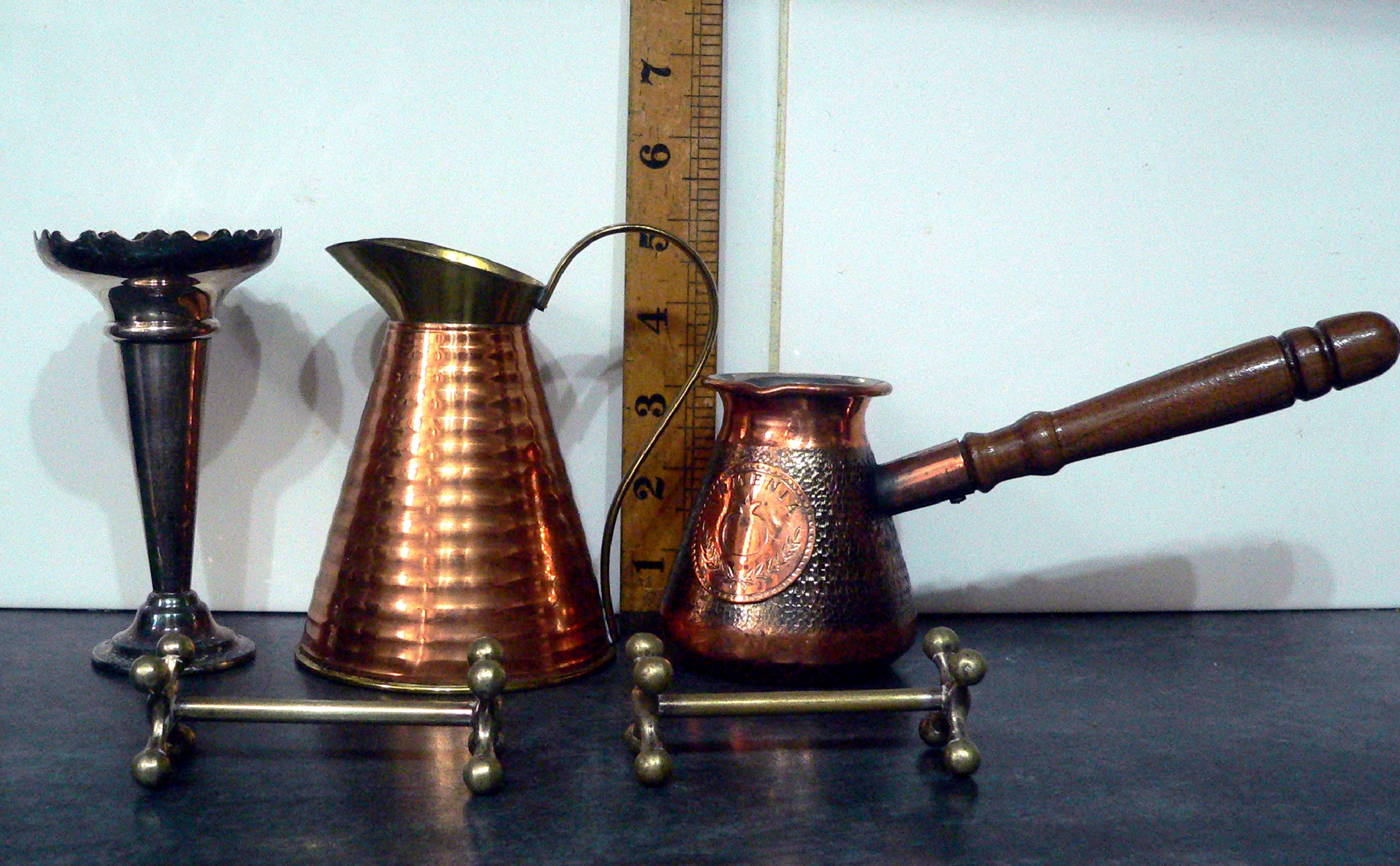 Brass, copper and plated items including Armenian measuring jug