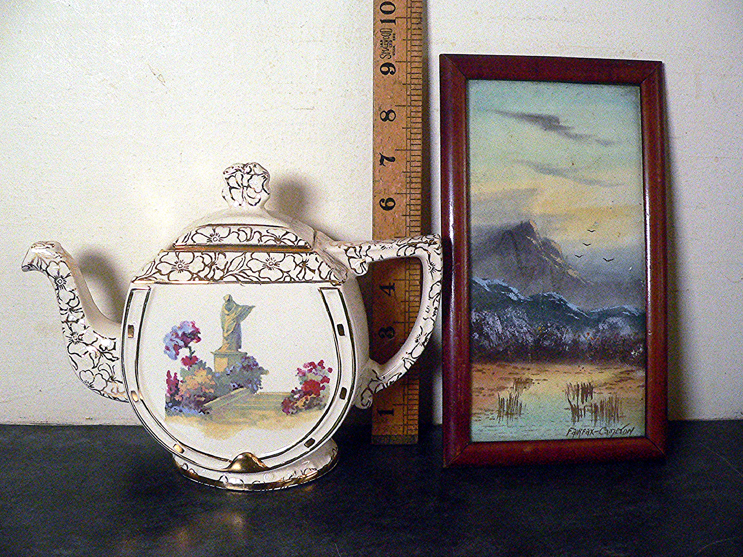 Vintage Arthur Wood "Lucky horseshoe" teapot and Fairfax Cameron small painting