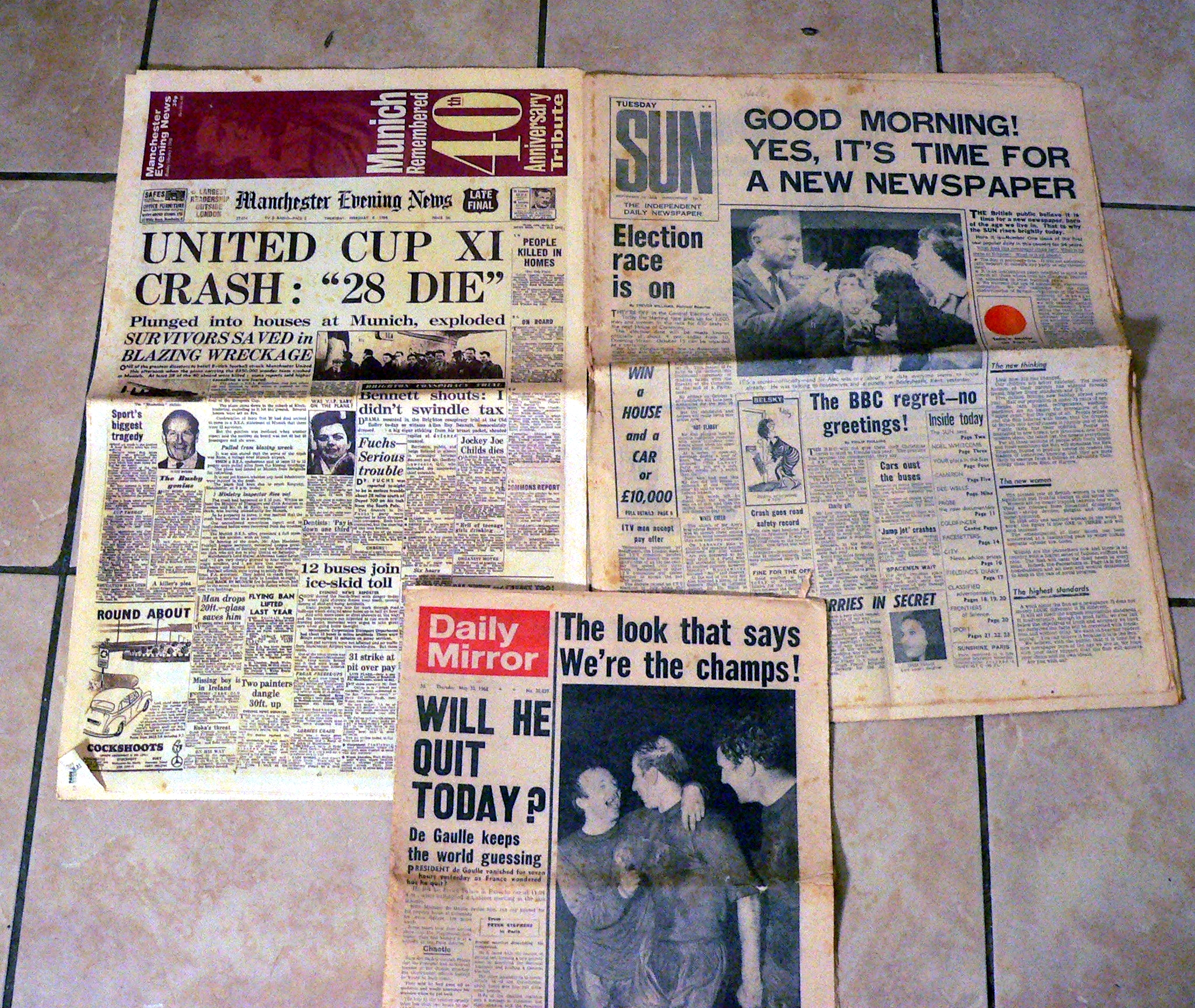 First ever edition of The Sun newspaper and two other 1950s/ 1960s newspapers with monumental headlines.