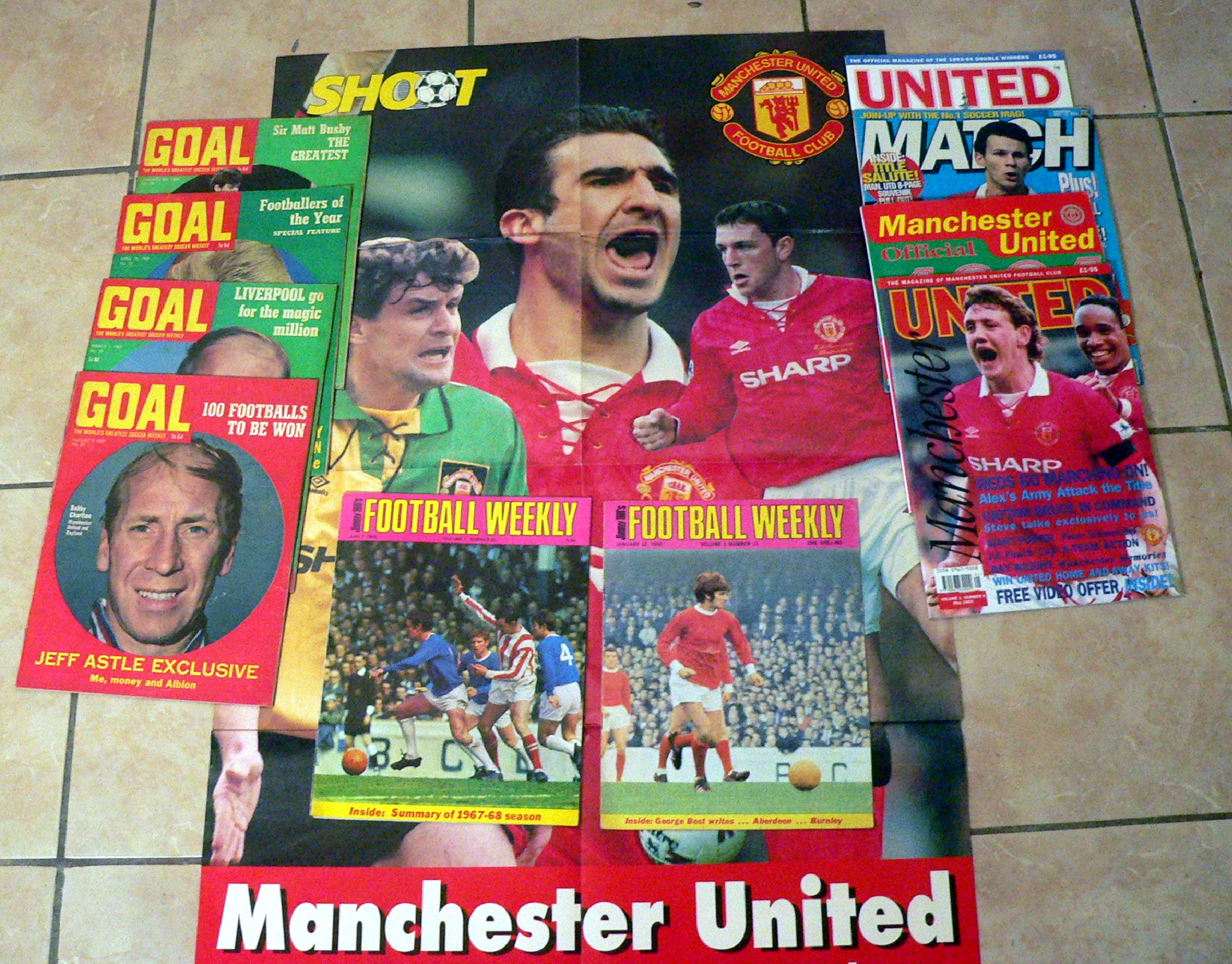 Six football magazines from the 1960s and four from the 1990s. Includes large Eric Cantona et al poster.