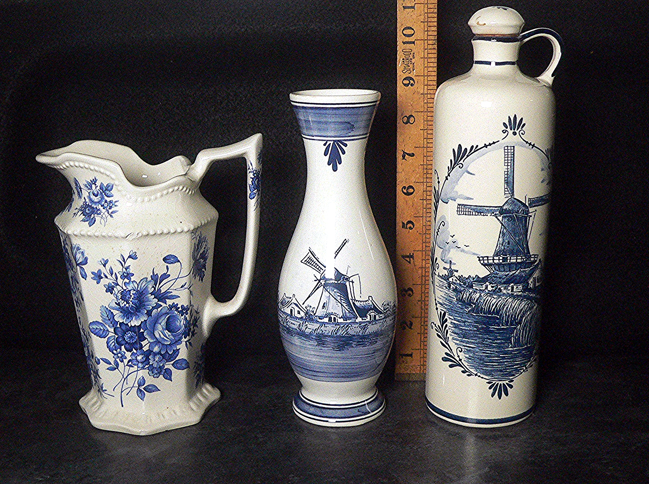 Blue & white trio, jug, delft vase and a Delft bottle