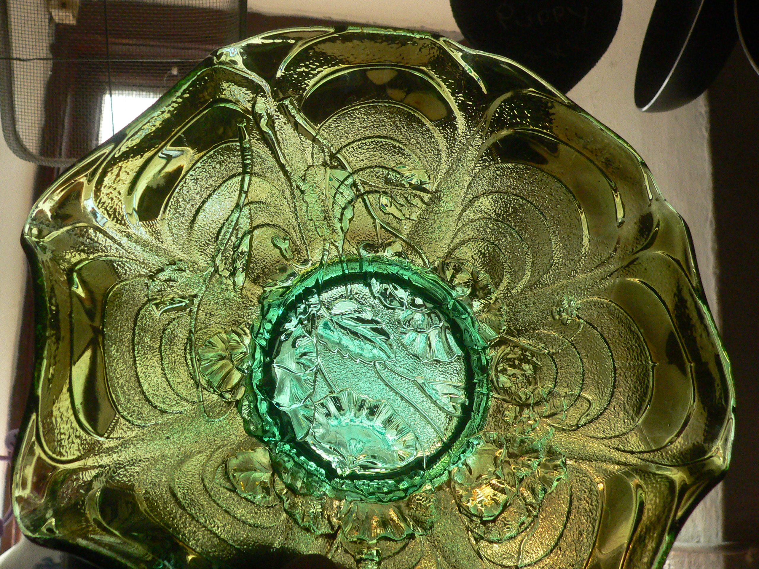 Green carnival glass dish