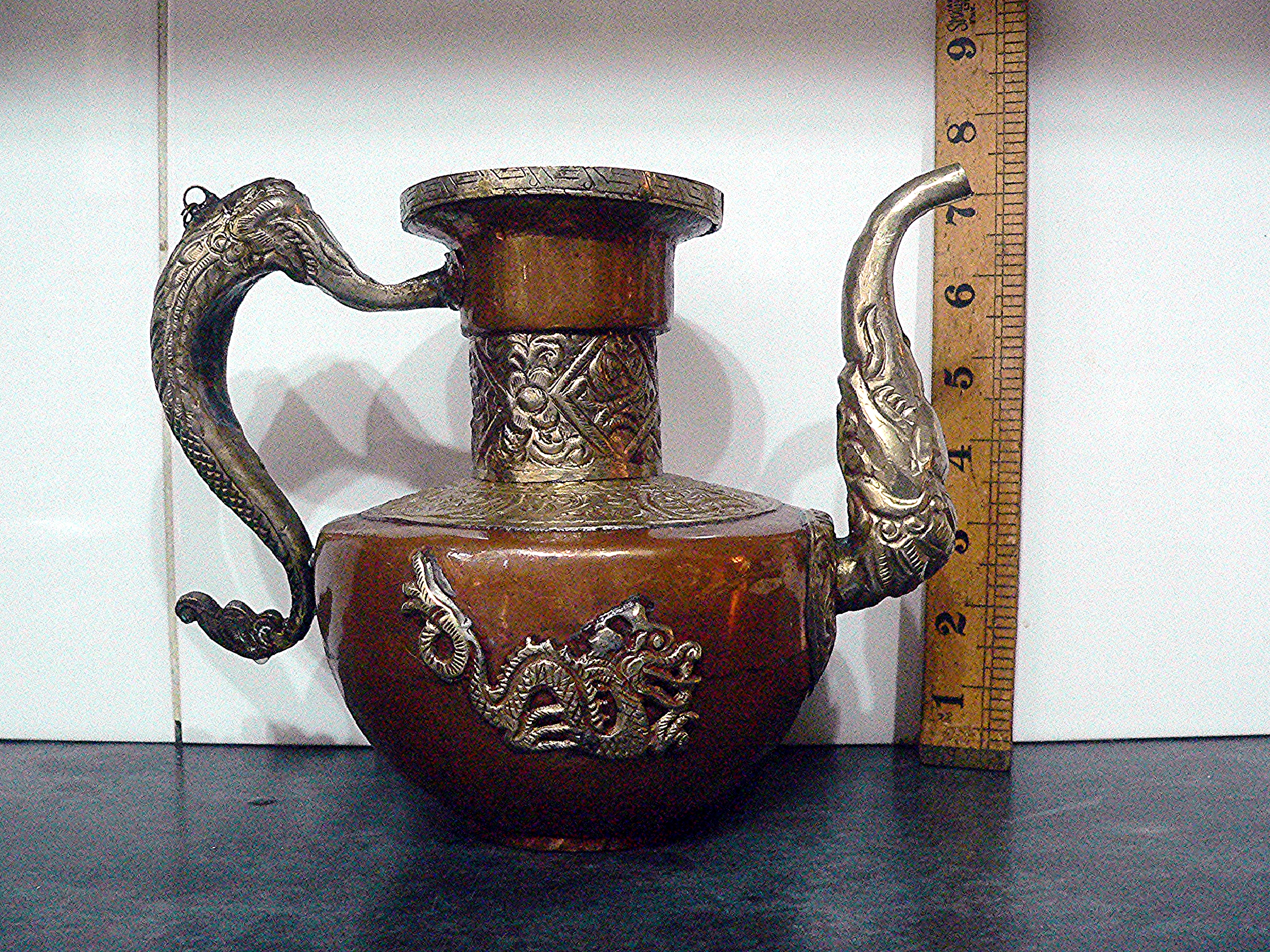 Vintage Tibetan teapot, copper and white metal.
