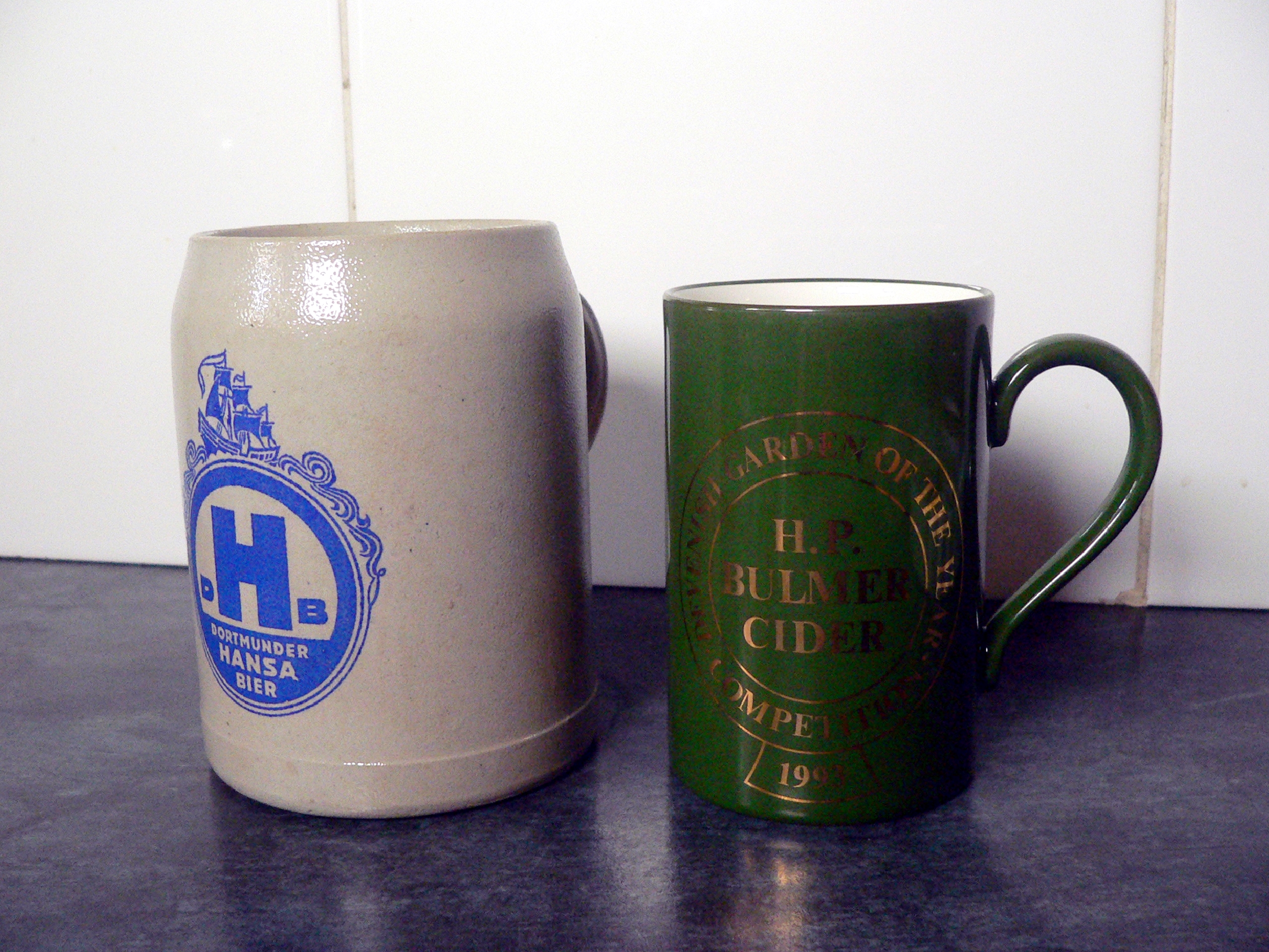 German stoneware stein & HP Bulmer cider cup by Dunoon.