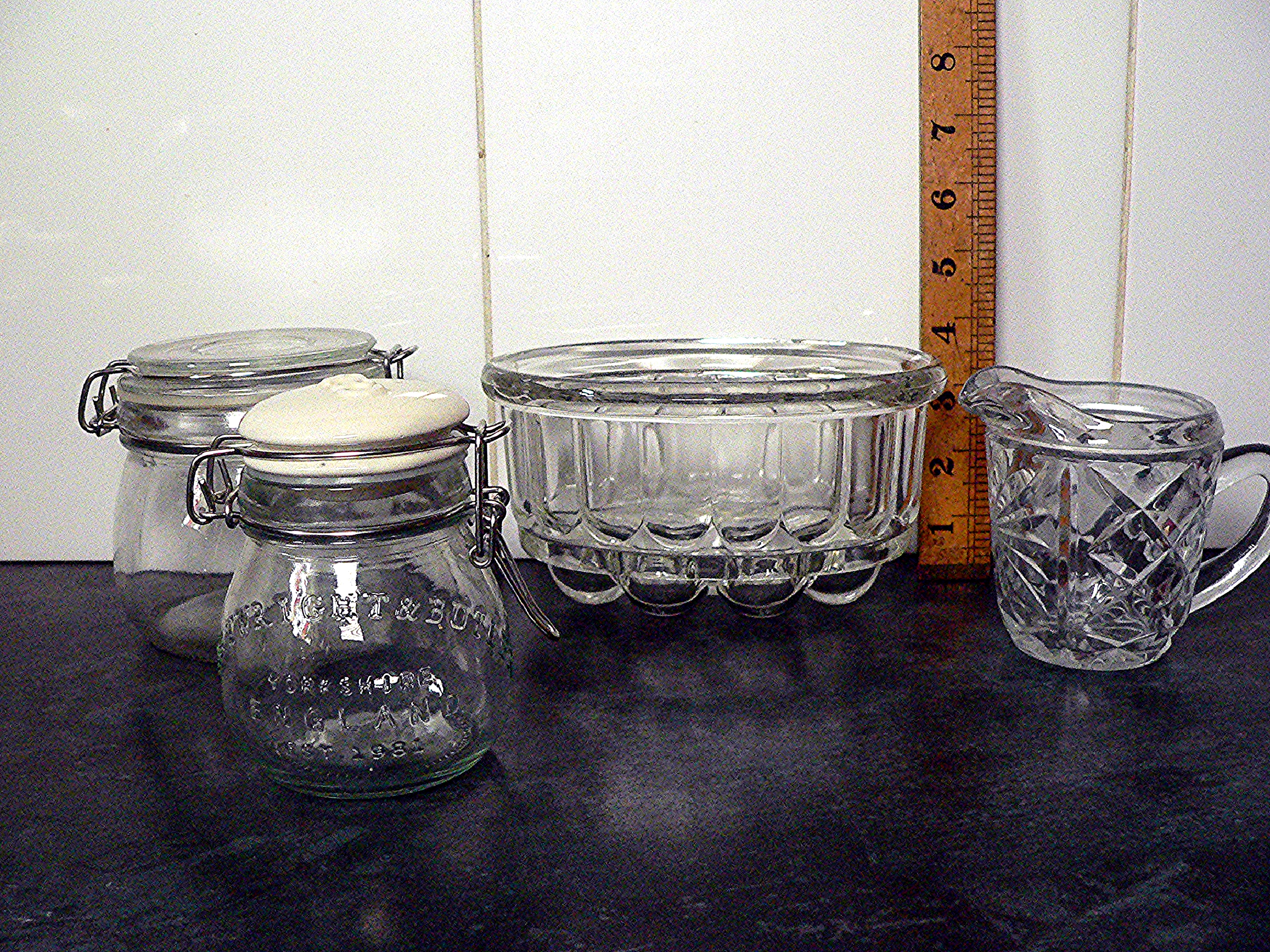 Glass quartet, jelly/blancmange mould, 2 x Kilner type jars and a jug