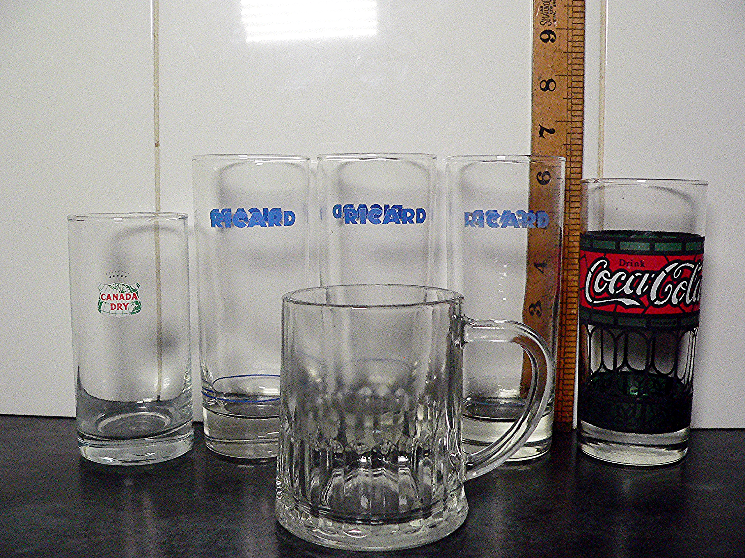 6 drinking glasses - Canada Dry, Ricard, Coca-Cola and a vintage half pint tankard.