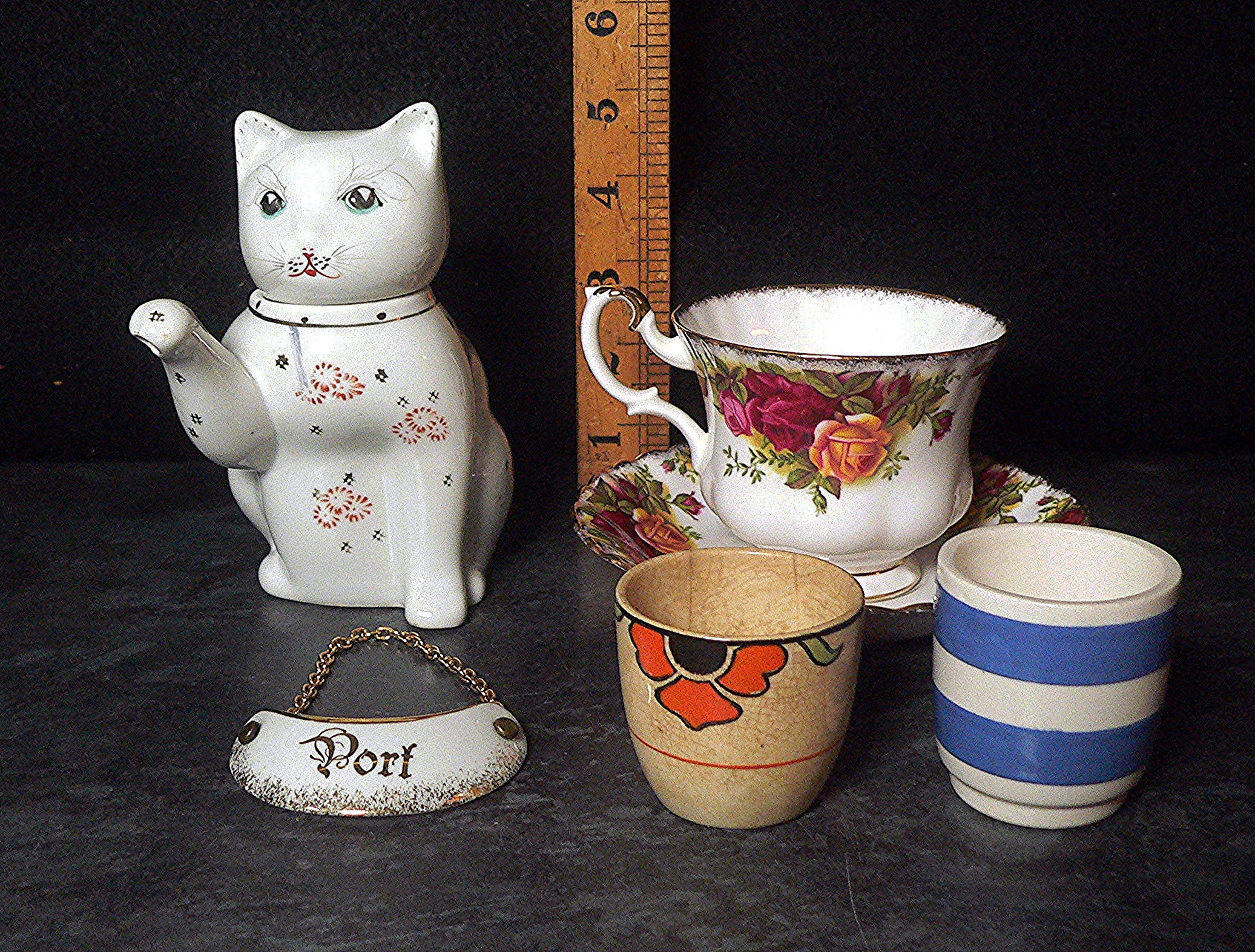 Royal Albert "Old Country Roses" bone china cup & saucer (2nds) Chinese cat teapot, Limoges porcelain label etc