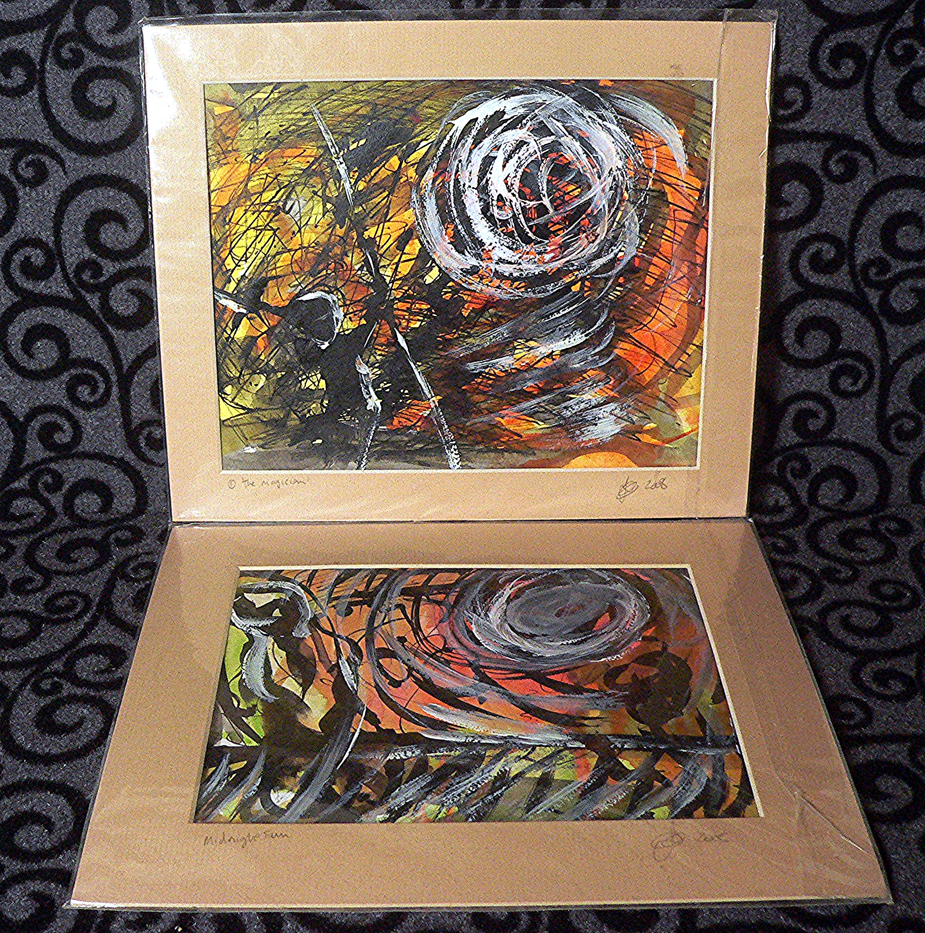 Pair of David Wild Inspired , Signed, Vibrant Expressionist Magical Acrylic & Ink Paintings