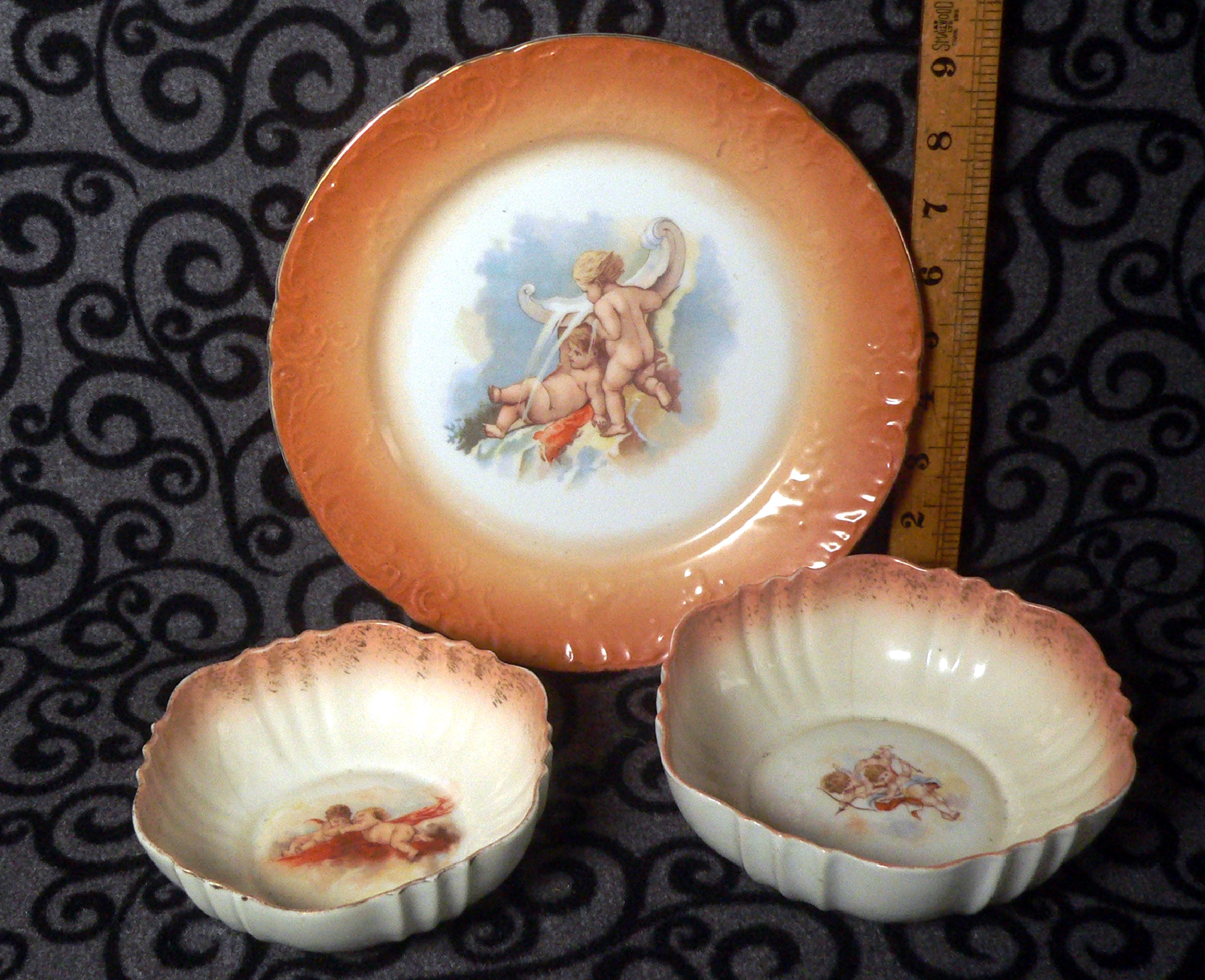 3 x Antique Rare Cherub Angels Bowls & Plate Pink Orange Blue