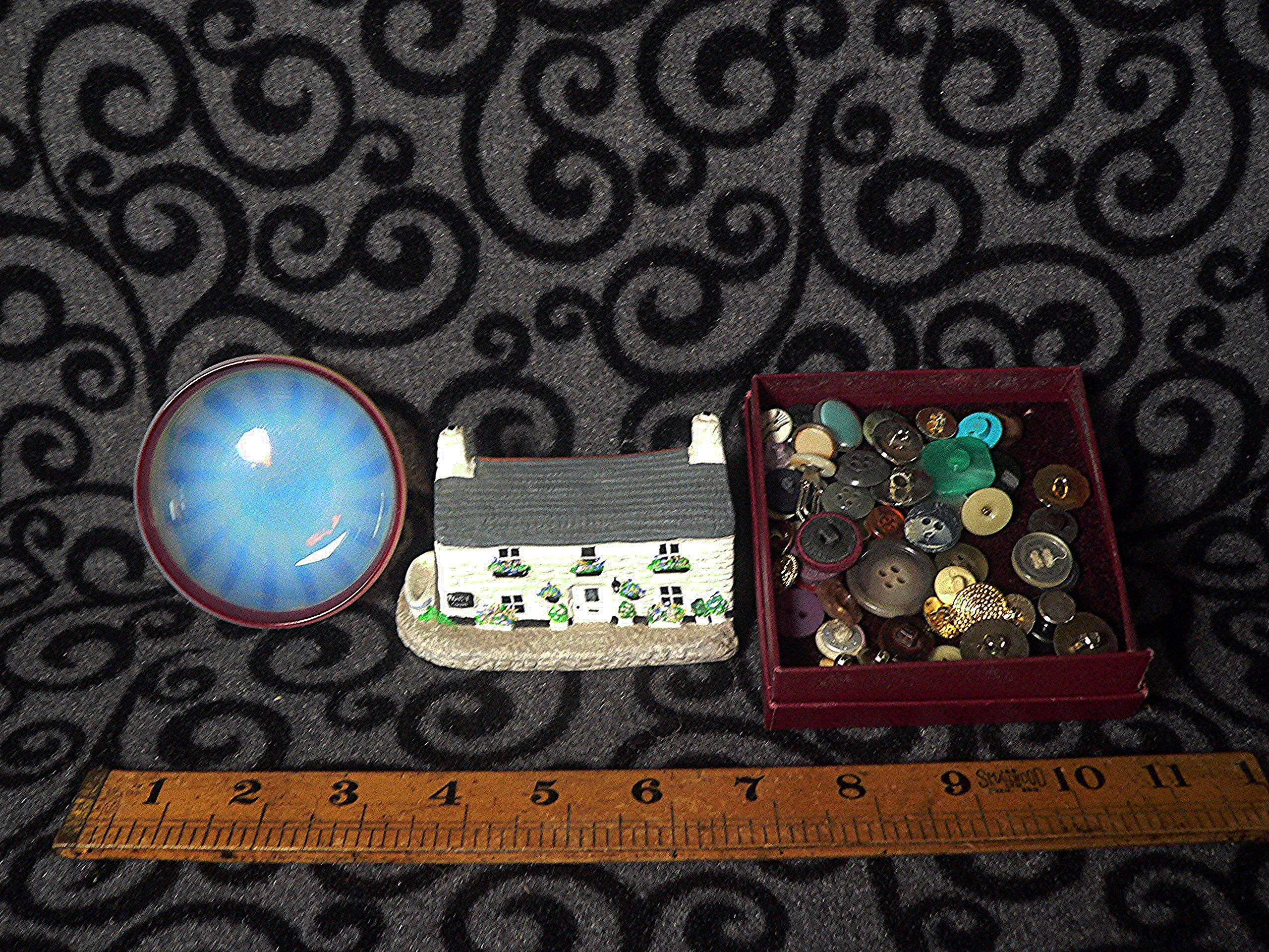 Handmade Newlyn cottage (signed : R.Tellam) , stunning blue glass trinket dish and a box of buttons - some vintage.
