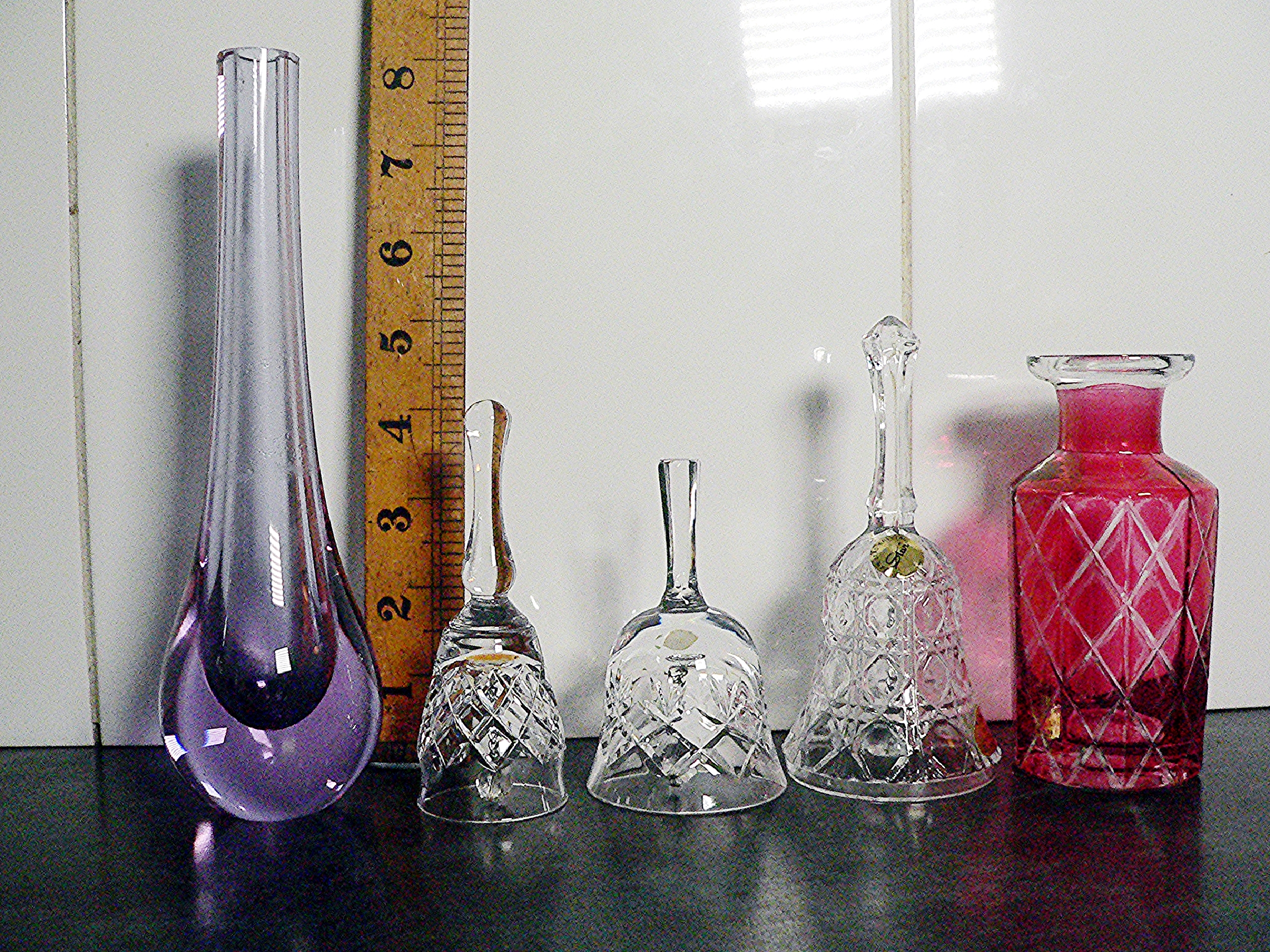 Lead crystal bells, purple stem glass and red bottle / posy vase.
