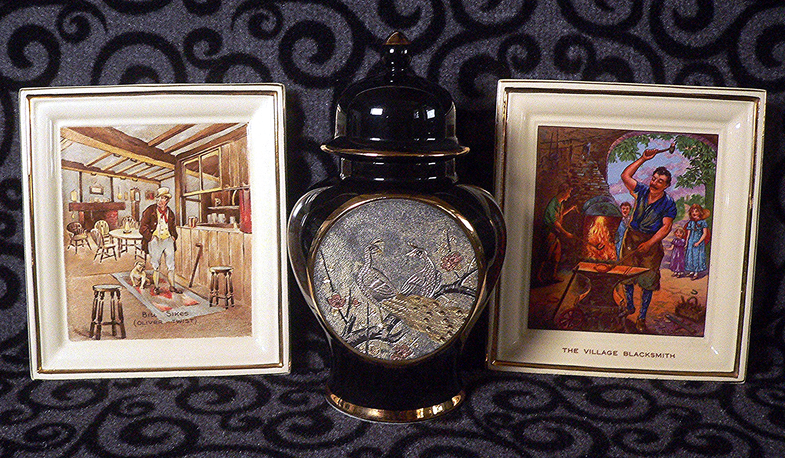 Chokin jar and two Hanley dishes including Oliver Twist scene