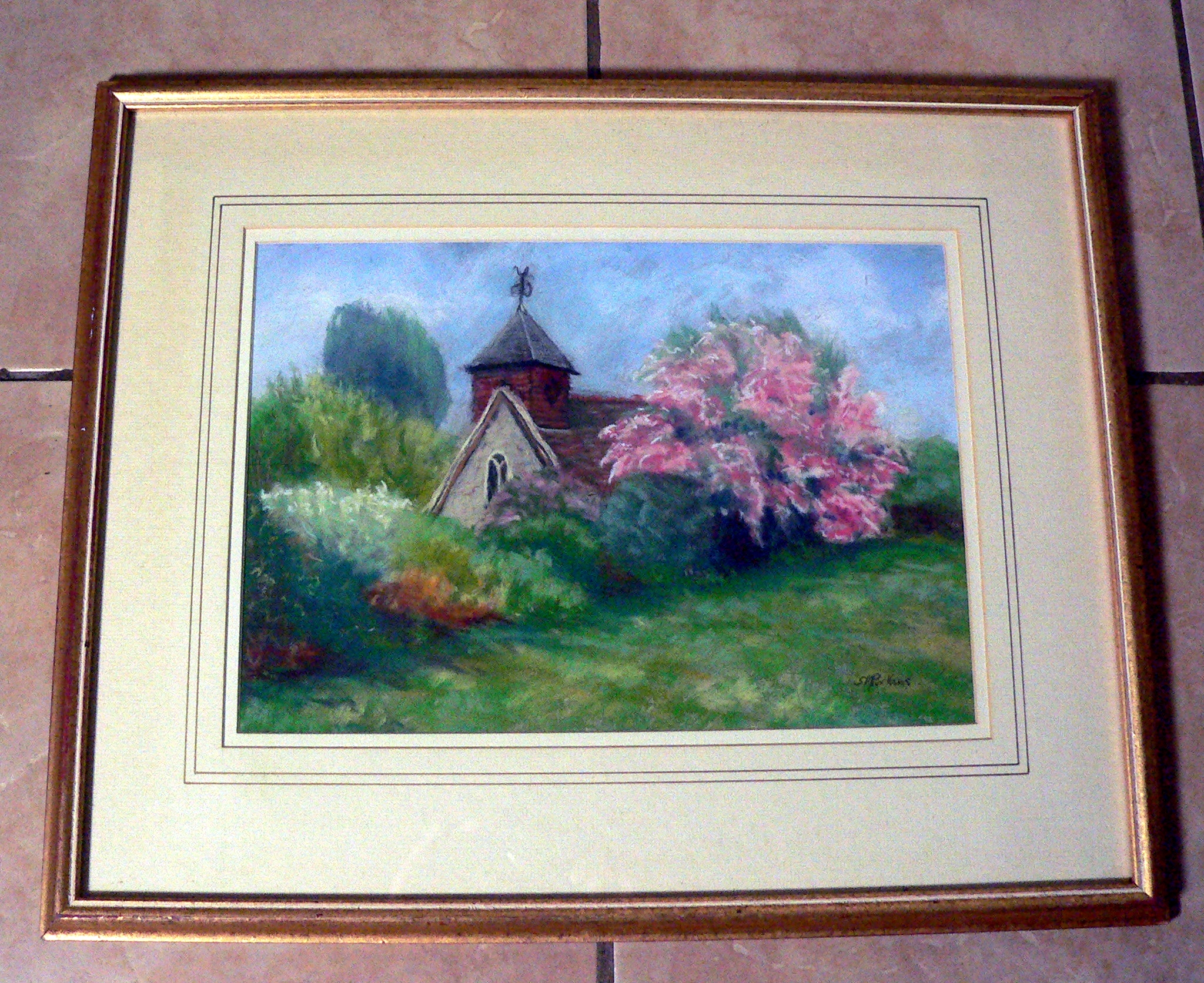 Signed Original Pastel Painting Earnley Church West Sussex. Sheila Perkins. NO Post on this lot.