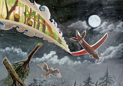 Фёдор Буравлёв. На бреющем полёте. 2025. 29,5х42см, смешанная техника на бумаге, 
Композиция 