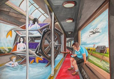 Фёдор Буравлёв. Вагон русалок. 2024.
. 29,5х41,5см, бумага, смешанная техника. Из серии 