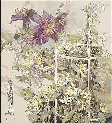 Е. Колесникова. Клематисы. Из серии &laquo;Благородные травы&raquo; 2024. картон, темпера, 300 х 300 мм 