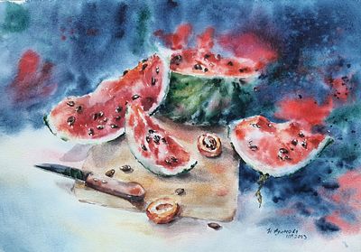 Н. Адамова. Арбузное настроение 2023. Бумага, акварель, 38,5х27 
Художник-акварелист из 