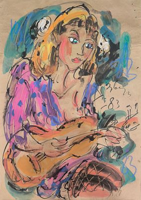 Игорь Майоров. (автограф А. Зверев). Полуобнаженная со скрипкой. 1983. 60,5х41,9 Бумага, гуашь. 