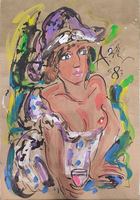 Игорь Майоров. (автограф А. Зверева) Полуобнаженная. 1983 г. . Бумага, гуашь. 
Размер: 61,5х42,5 