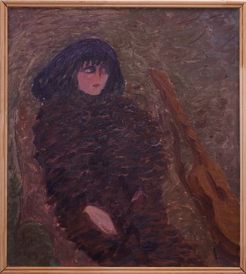 Геннадий Райшев &laquo;Гитаристка&raquo;. 2003. ДВП/ масло. 55,2х49,8 см. 
На оборотной стороне 