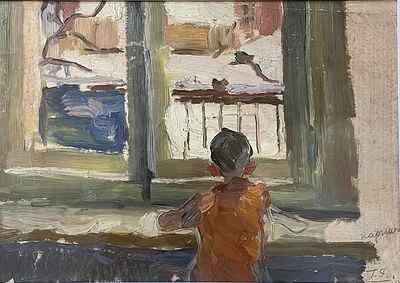 Сын у окна. 1966 - 1967 гг. Бумага (фотографическая) / масло. 24,2x29,9 см. 
На оборотной 