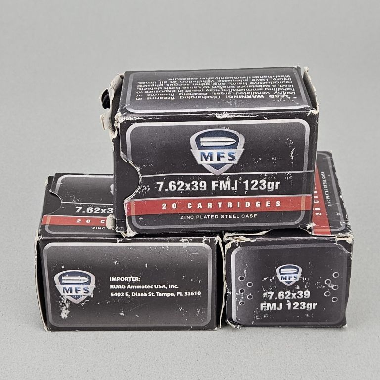 3 - 20rd Boxes MFS 7.62x39 FMJ Ammo. 123gr, zinc plated steel case
