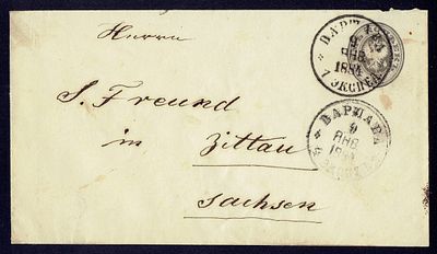 1884 Россия, Почтовое отправление (конверт 13-й выпуск) из Циттану Саксония в Варшаву. Крамаренко 34А