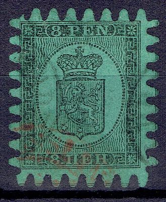 1866 Финляндское княжество, 8 pen, зуб "С", гаш. Lape(23) 6 III (кат. 100 €) Сол. 6Б