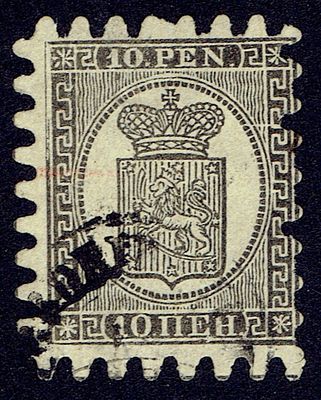 1866 Финляндское княжество, 10 pen, верт. верже, зуб "B", гаш. Lape(23) 7 a II (кат 150 €) Сол. 13 A