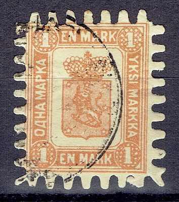 1866 Финляндское княжество, 1м, зуб "Е", ФАЛЬШЬ, гаш. Lape(23) Сол