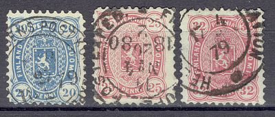 1875 Финляндское княжество, 20р, 25р, 32р, л11, гаш. Lape 15S-18S (кат. 47,5 €) 
Сол. 19-22а-23