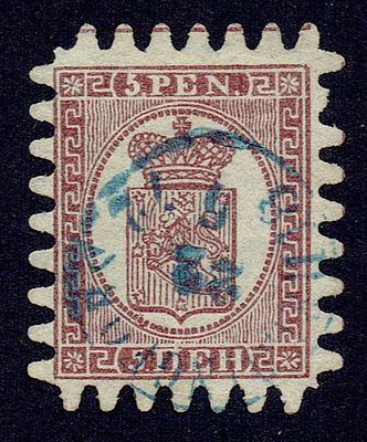 1866 Финляндское княжество, 5 Pen, зуб "С", гаш. Lape(23) 5 III (кат. 100 €) 
Сол. 5Б (кат. 2500руб)