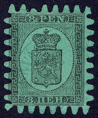 1866 Финляндское княжество, 8 Pen, зуб "С", гаш. Lape(23) 6 III (кат. 100 €) 
Сол. 6Б (кат. 2500руб)