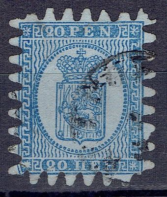 1866 Финляндское княжество, 20 Pen, зуб "С", гаш. Lape(23) 8 III (кат. 50 €) 
Сол. 8Б