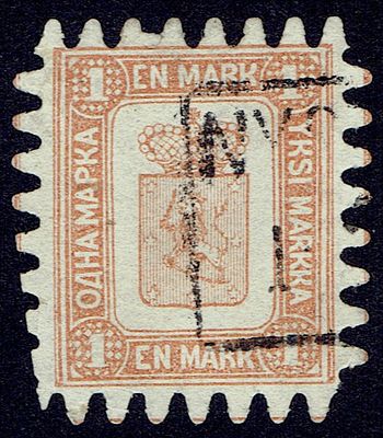 1867 Финляндское княжество, 1М, зуб "С", гаш. Lape(23) 10 III (кат. 500 €) 
Сол. 10Б (кат. 15000руб)
