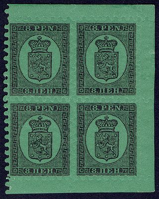 1892 Финляндское княжество, повторный выпуск, 8 pen, квбл с полем, зуб "D", состояние **/*. Norma 