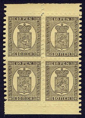 1892 Финляндское княжество, повторный выпуск, 10 pen, квбл с полем, зуб "D", состояние **/*. Norm 