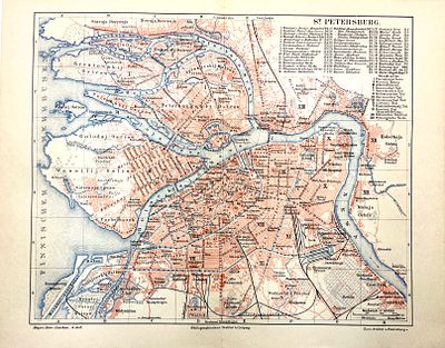(П) Двухсторонний план Санкт-Петербурга. Лейпциг, 1900-е гг. . Бумага, печать. 24 х 30 см