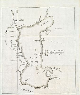 (П) Каспийское море с береговой линией. 1750 г. . Бумага верже, офорт
18 x 22 см