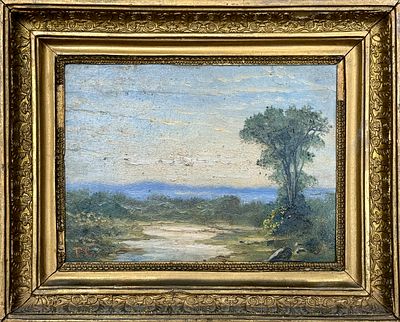 (П) Неизвестный художник - Старая Россия близ Дашкова. . Картон, масло. 16 х 22 см 
Инициалы слева 