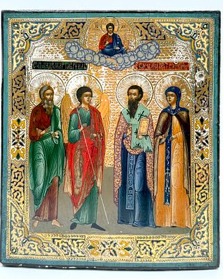 (П) Икона с изображением Святых. Архангел Гавриил, Св. Андрей, Св. Василий и Св. мученица 