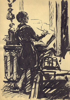 (М) Рудаков Михаил Захарьевич (1914 - 1985) - Портрет дочери за мольбертом. 1970-е гг. Бумага 