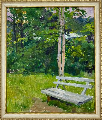 (П) Фомин Пётр Тимофеевич (1919 - 1996) - Скамья в саду. 1964 г. . Картон, масло. 40 х 35 см 
Пётр 